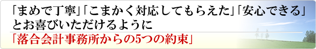 「まめで丁寧」「こまかく対応してもらえた」「安心できる」とお喜びいただけるように「落合会計事務所からの5つの約束」